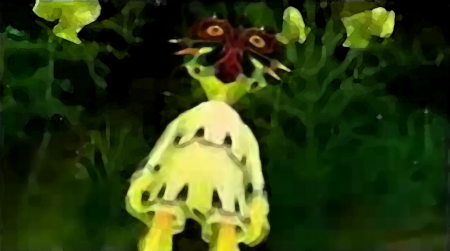 A child wearing Majora's Mask stands beneath a tree.