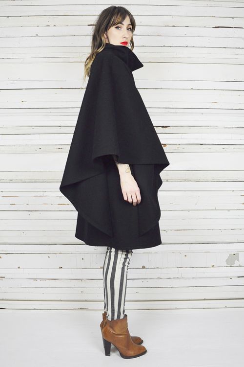 vtg 80's black WOOL DRAPED avant garde FUNNEL NECK CAPE cloak coat