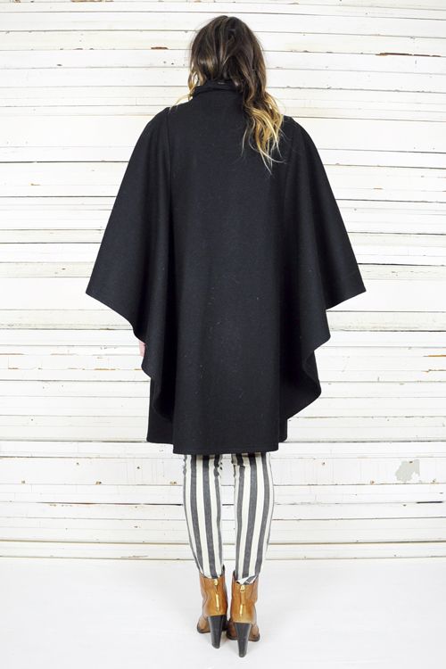 vtg 80's black WOOL DRAPED avant garde FUNNEL NECK CAPE cloak coat