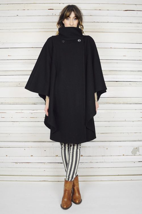 vtg 80's black WOOL DRAPED avant garde FUNNEL NECK CAPE cloak coat
