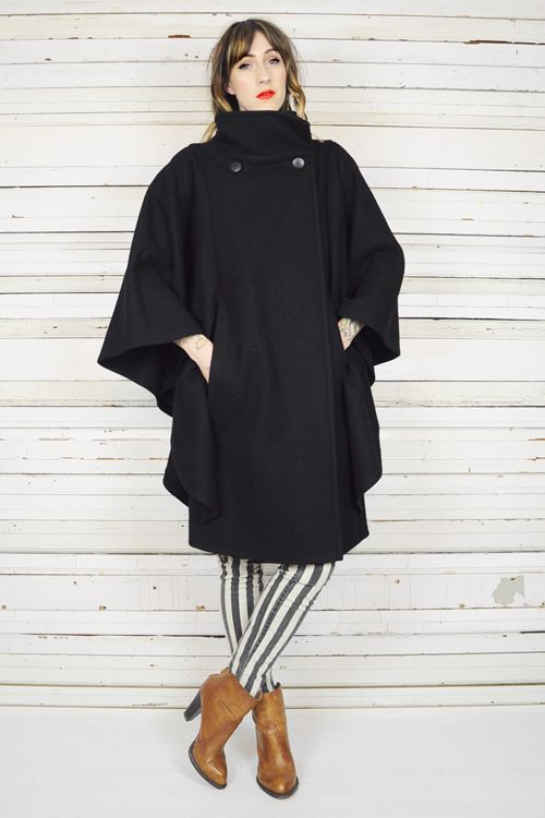 vtg 80's black WOOL DRAPED avant garde FUNNEL NECK CAPE cloak coat