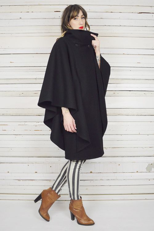 vtg 80's black WOOL DRAPED avant garde FUNNEL NECK CAPE cloak coat