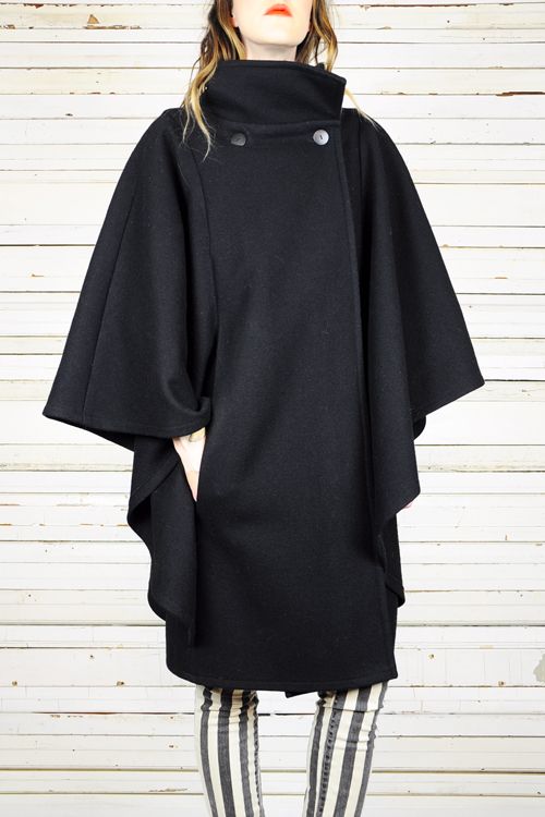 vtg 80's black WOOL DRAPED avant garde FUNNEL NECK CAPE cloak coat