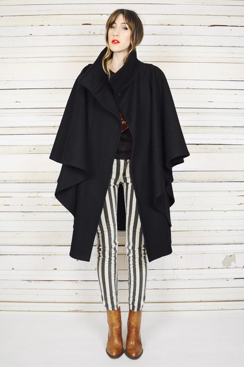 vtg 80's black WOOL DRAPED avant garde FUNNEL NECK CAPE cloak coat