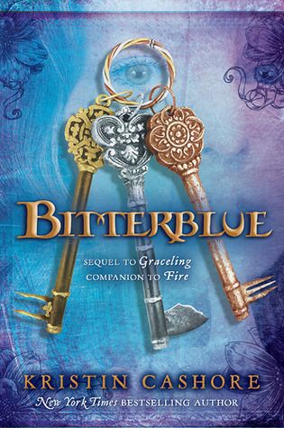 cover art for Bitterblue, featuring three keys against a variegated blue and purple background