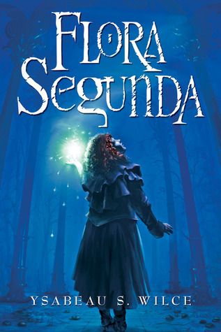 cover art for Flora Segunda, featuring a redhead girl with her back to the audience gazing up against a blue background