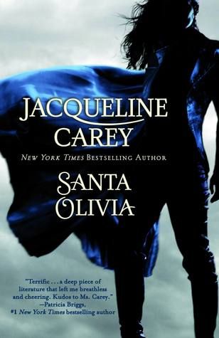 cover art for Santa Olivia, featuring a woman in silhouette. She wears a long blue coat blowing to her right side in the breeze.