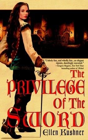 cover art for The Privilege of the Sword, featuring a girl with long brown hair wearing trousers and holding a sword against a tan background