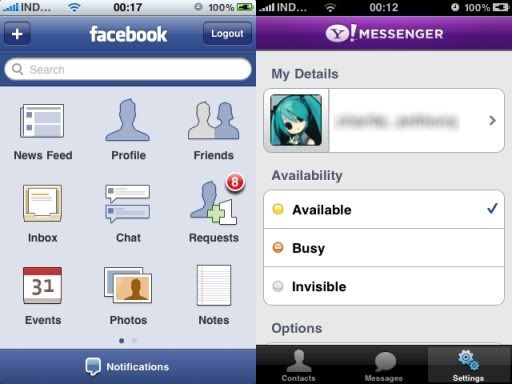 Tampilan aplikasi Facebook dan Yahoo Messenger pada iPhone