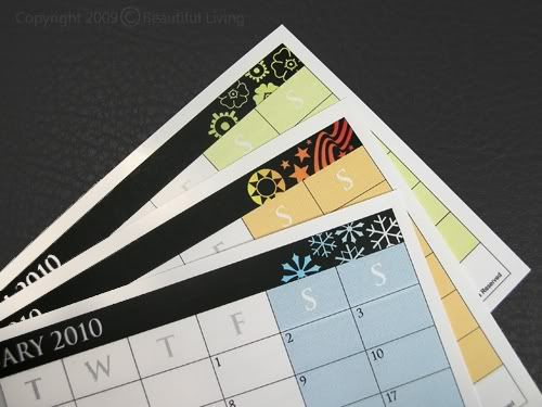 CLose Up of Monthly Calendars. Each season is designated by a color and design. The free downloads are in color, but will print beautifully in black & white on your laser printer.