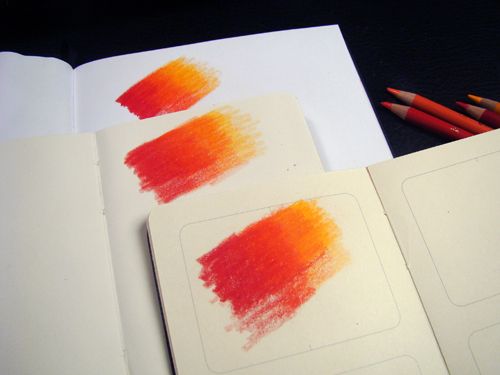 Sketchbook COlored Pencil Test Color blends were created on the paper in a Moleskine Sketchbook, Plain Notebook and Ciak Sketchbook.