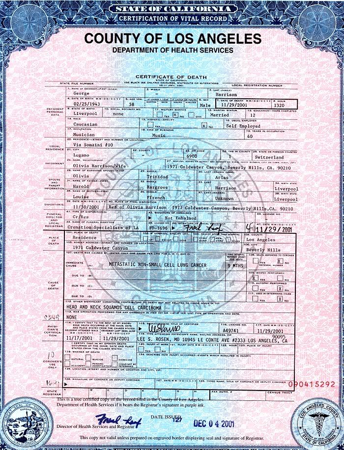 George Harrison Death Certificate, 2001