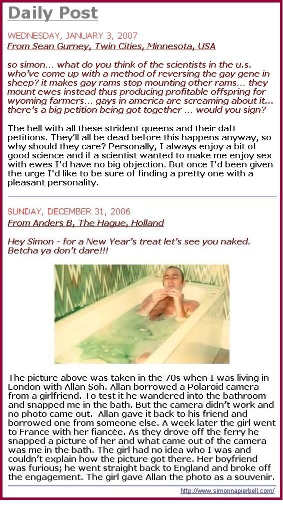 Two Simon Napier-Bell emails, and his replies ~ 12/06 in the tub and 01/07 gay sheep gene