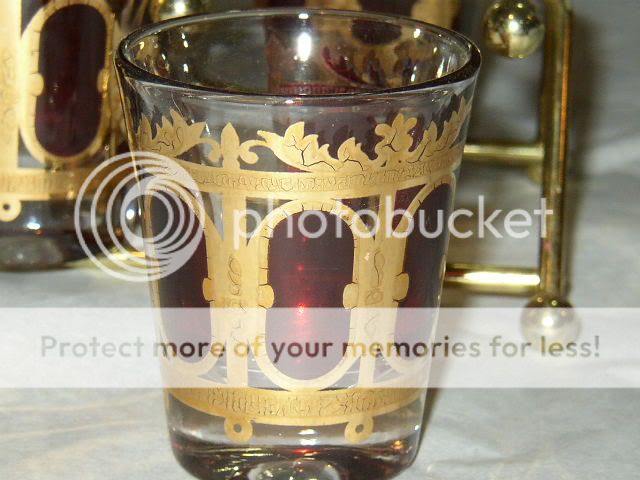   Gold Encrusted Ruby Stained 6 Shot Glasses with Caddy Beautiful  